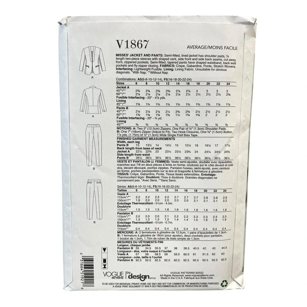 Vogue‎ V1867 Jacket Pants Suit A5 6-8-10-12-14 Semi-Fitted Tailored